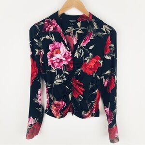 Karen Kane Vintage Y2K Floral V Neck Shirt Silk Blend Black Size M